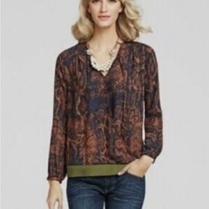 CAbi Style 101, Small- Women's Python Print Border Wrap Blouse Navy and Orange